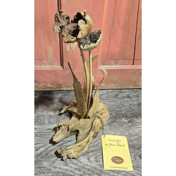 Wood Floral Sculpture Hand Crafted Java Island Habini - Picture 1 of 16
